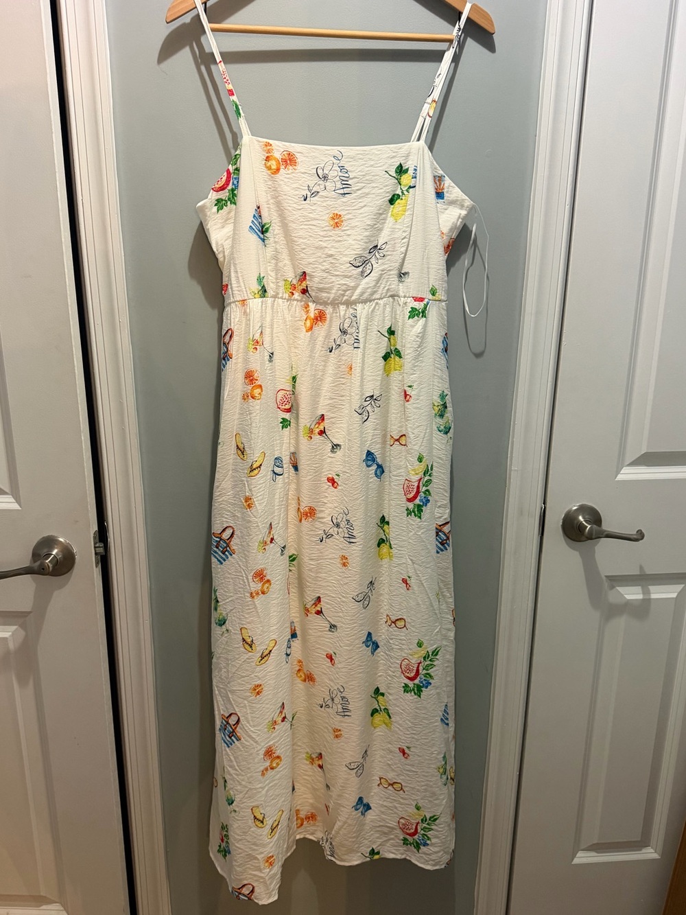 Rachel Zoe White Maxi Dress with Yellow & Green Fruit Motif